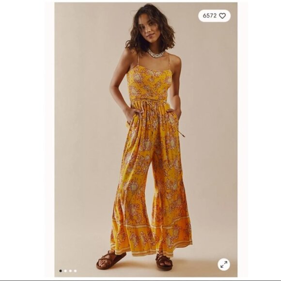 NEW Free People Yellow Printed Flowy Wide Leg Smocked Jumpsuit - Picture 2 of 11